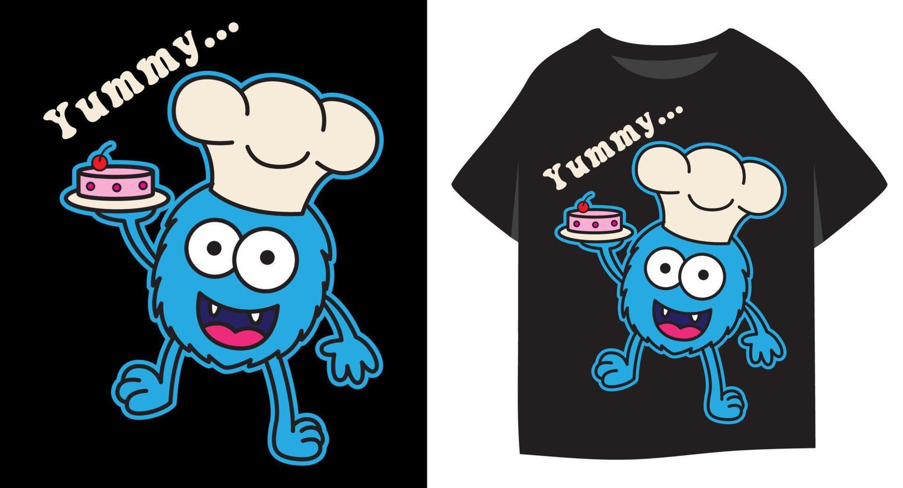 Funny little monster chef cook with a plate of cake illustration for kids t shirt design vector