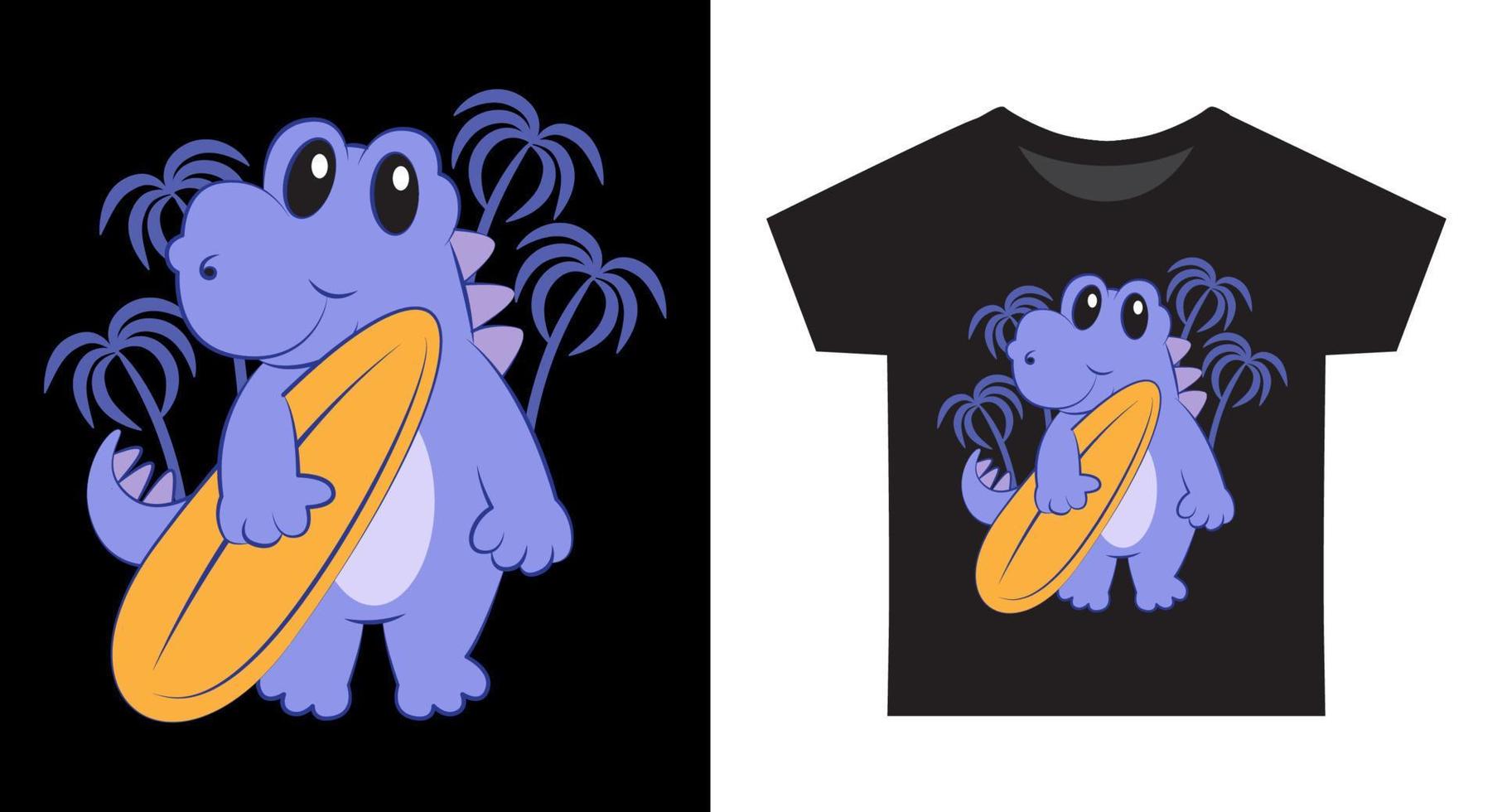 linda pequeño dino con tabla de surf dibujos animados ilustración para niños t camisa diseño vector