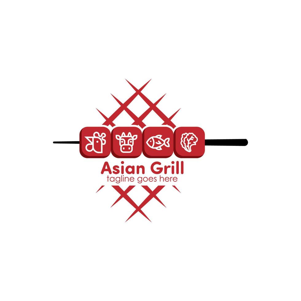 Asian Grill Logo Design Template with meat icon and grill. Perfect for business, company, restaurant, mobile, app, etc vector