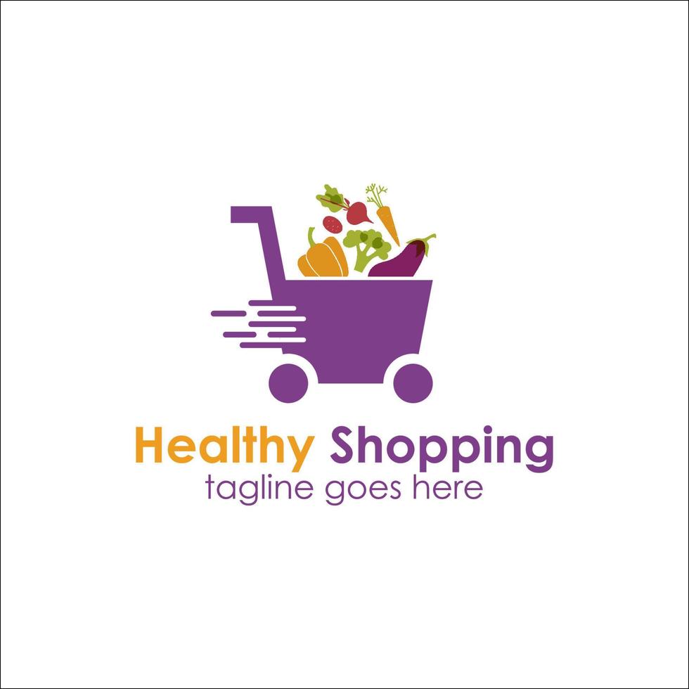 sano compras logo diseño modelo con carro icono y frutas, Perfecto para negocio, restaurante, compañía, aplicación, tecnología, móvil, etc vector