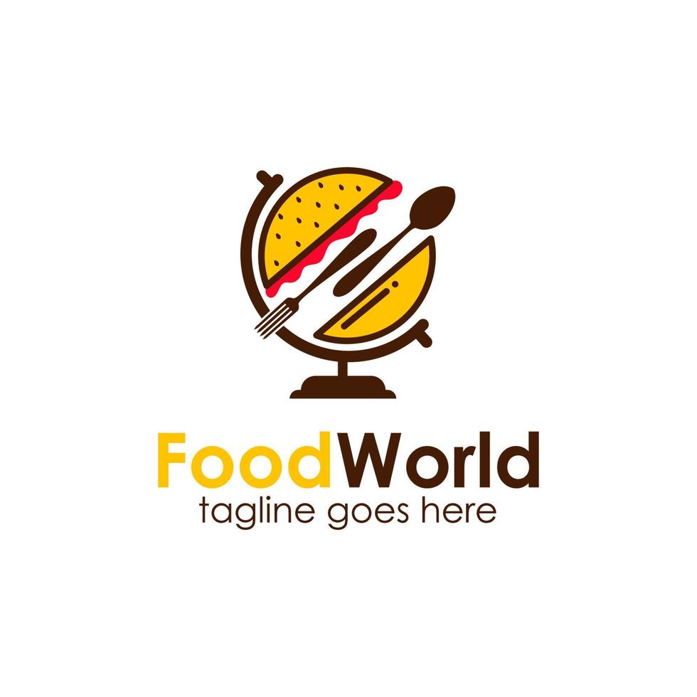 Food World Logo Design Template with burger icon and globe stand. Perfect for business, company, mobile, app, restaurant, etc vector