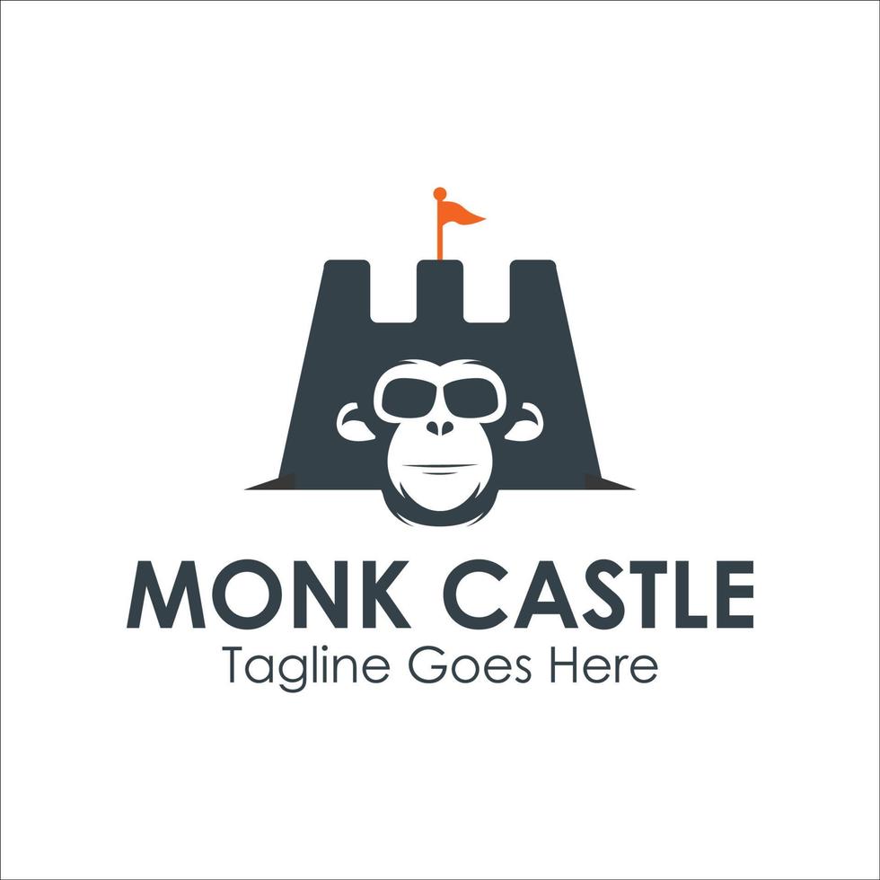 Monkey Castle Logo Design Template with monk icon and castle. Perfect for business, company, mobile, app, etc vector