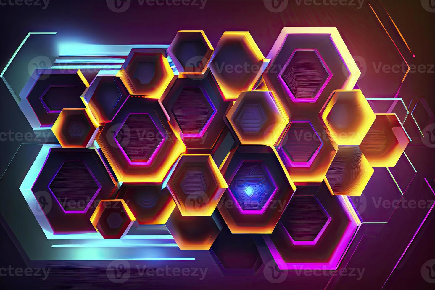 Abstract hexagonal shapes background with neon color elements photo
