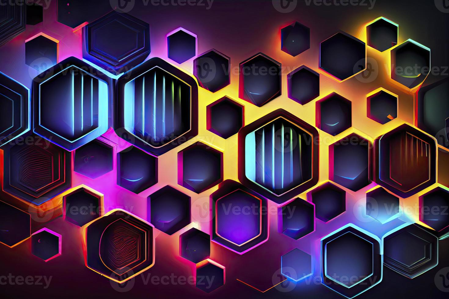 Abstract hexagonal shapes background with neon color elements photo