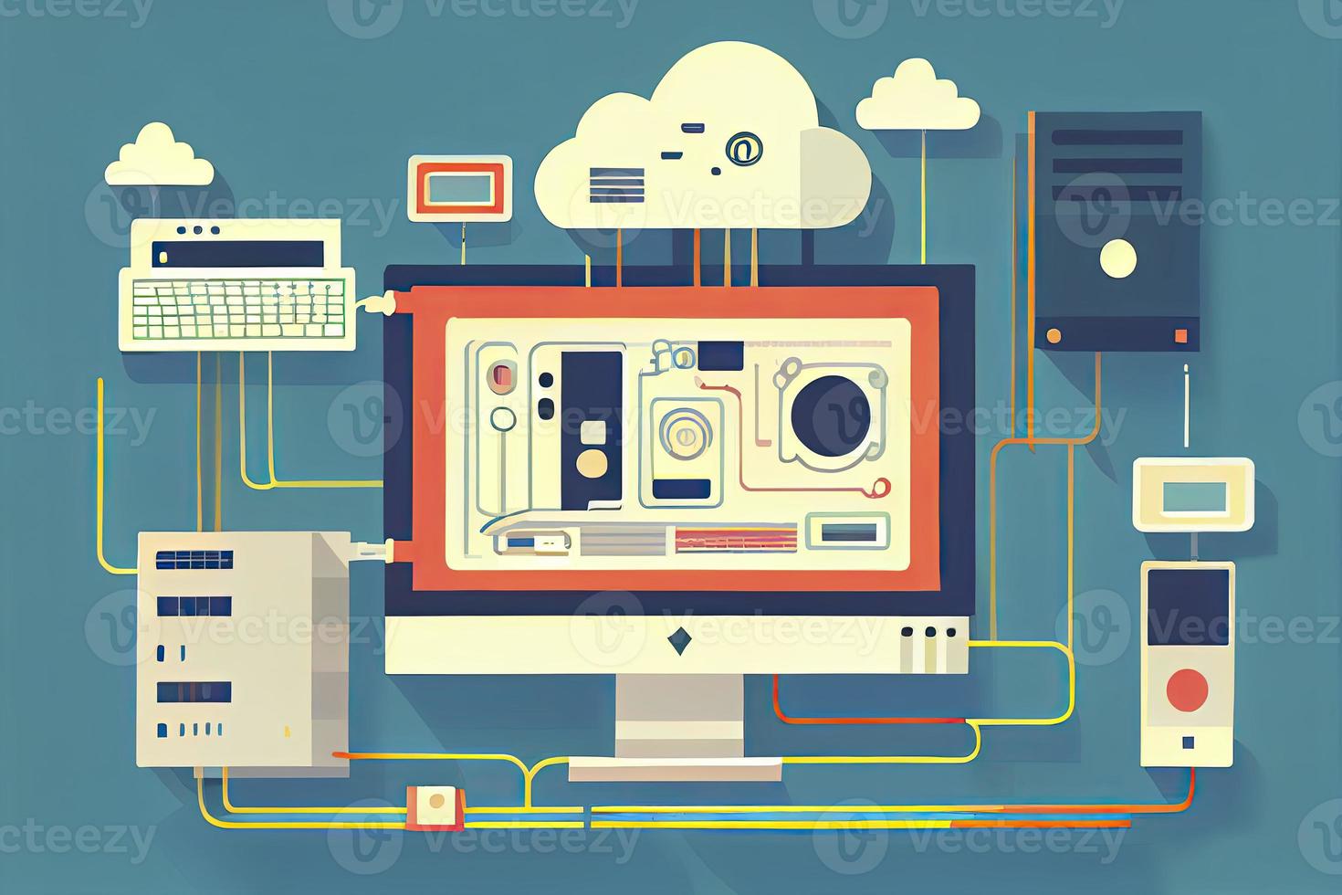 Flat design vector illustration concept of computer and connected mobile devices with links photo