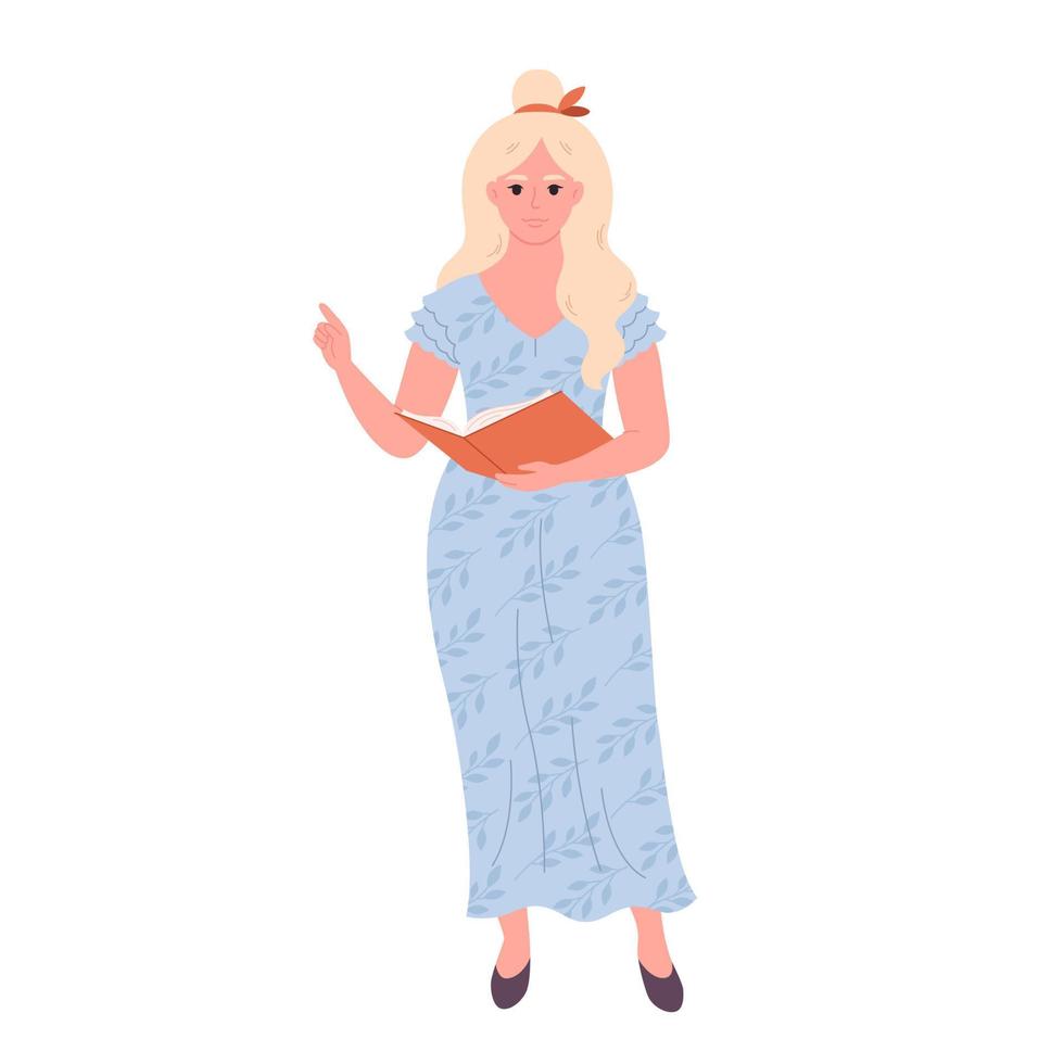 mujer con libro. colegio maestro, bibliotecario, negocio mujer. vector