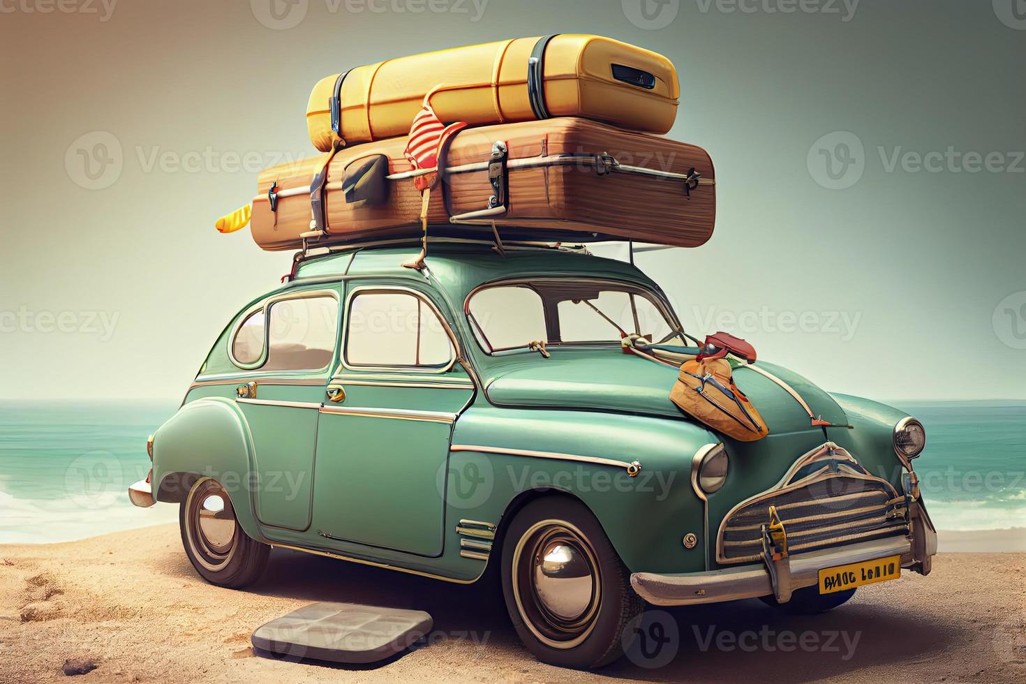 Small retro car with baggage, luggage and beach equipment on the roof, fully packed, ready for summer vacation, concept photo