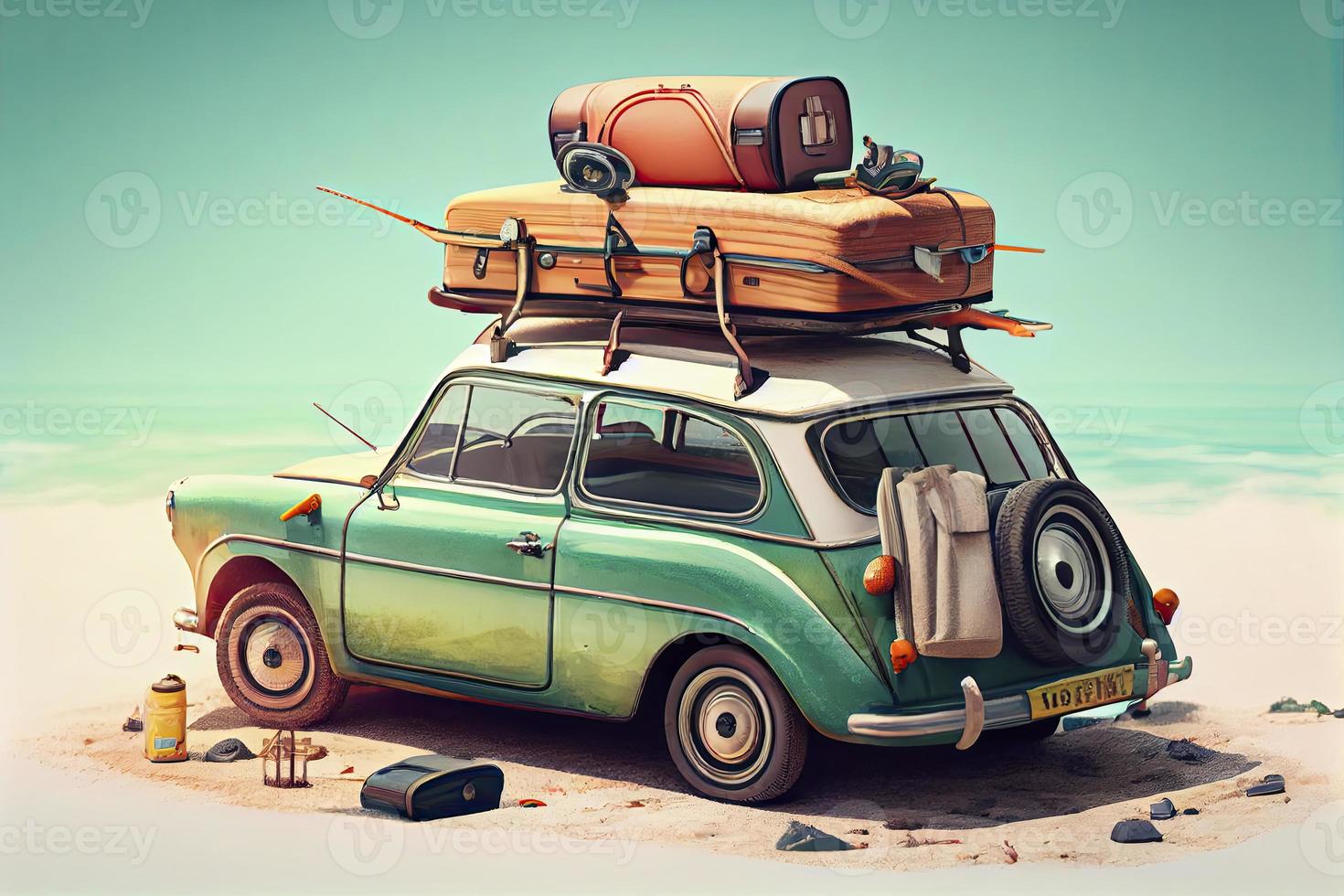 Small retro car with baggage, luggage and beach equipment on the roof, fully packed, ready for summer vacation, concept photo
