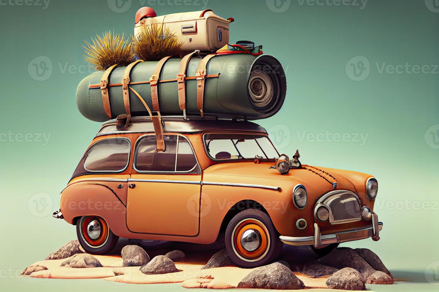 Small retro car with baggage, luggage and beach equipment on the roof, fully packed, ready for summer vacation, concept photo