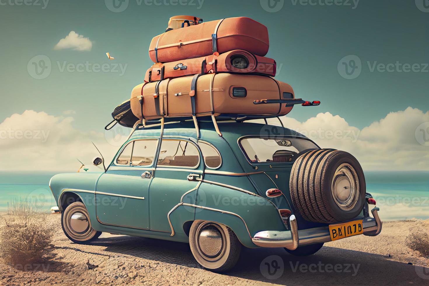 Small retro car with baggage, luggage and beach equipment on the roof, fully packed, ready for summer vacation, concept photo