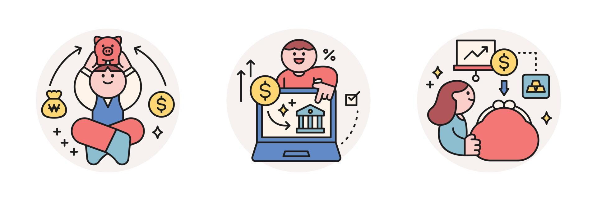 Finance and people, accounts for household economic growth, investment plan management. Piggy bank, wallet, online banking. Vector illustration.