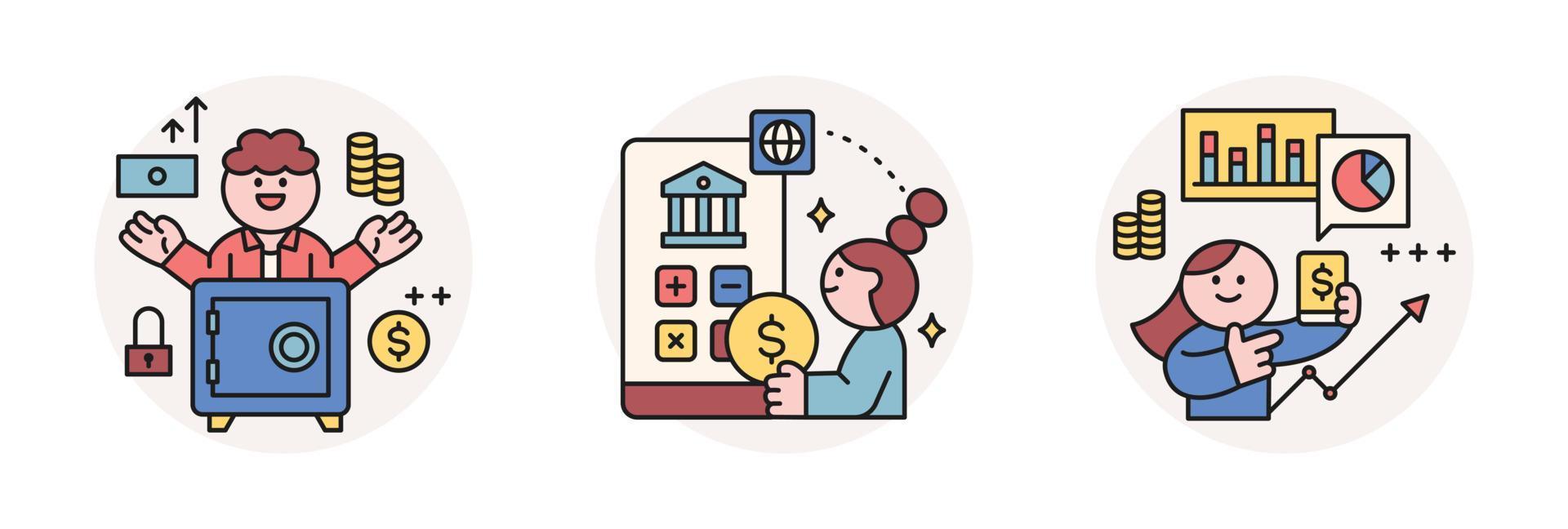 Finance and people, accounts for household economic growth, investment plan management. Vault, mobile banking, financial data. Vector illustration.
