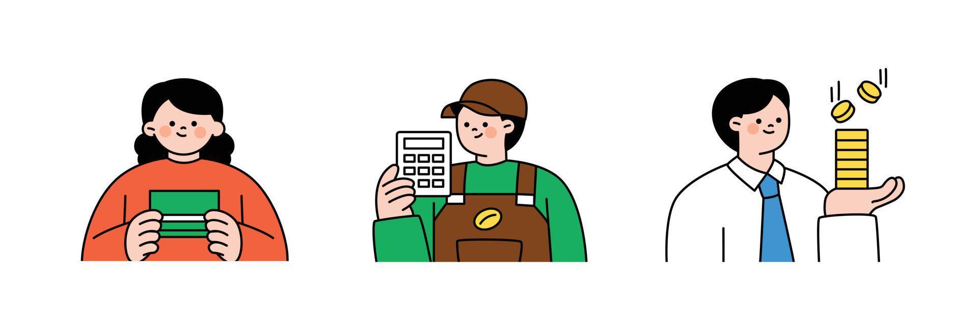 Finance and people, accounts for household economic growth, investment plan management. Workers are holding bankbooks, calculators and coins. Vector illustration.