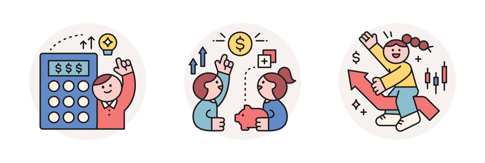 Finance and people, accounts for household economic growth, investment plan management. Calculator, couple planning, arrows. Vector illustration.