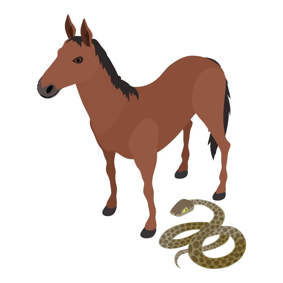 Various animal icon isometric vector. Standing bay horse near common anaconda vector