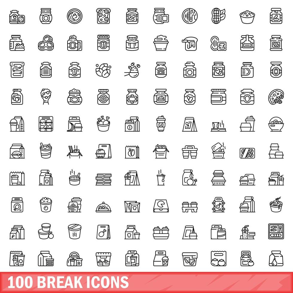 100 break icons set, outline style vector