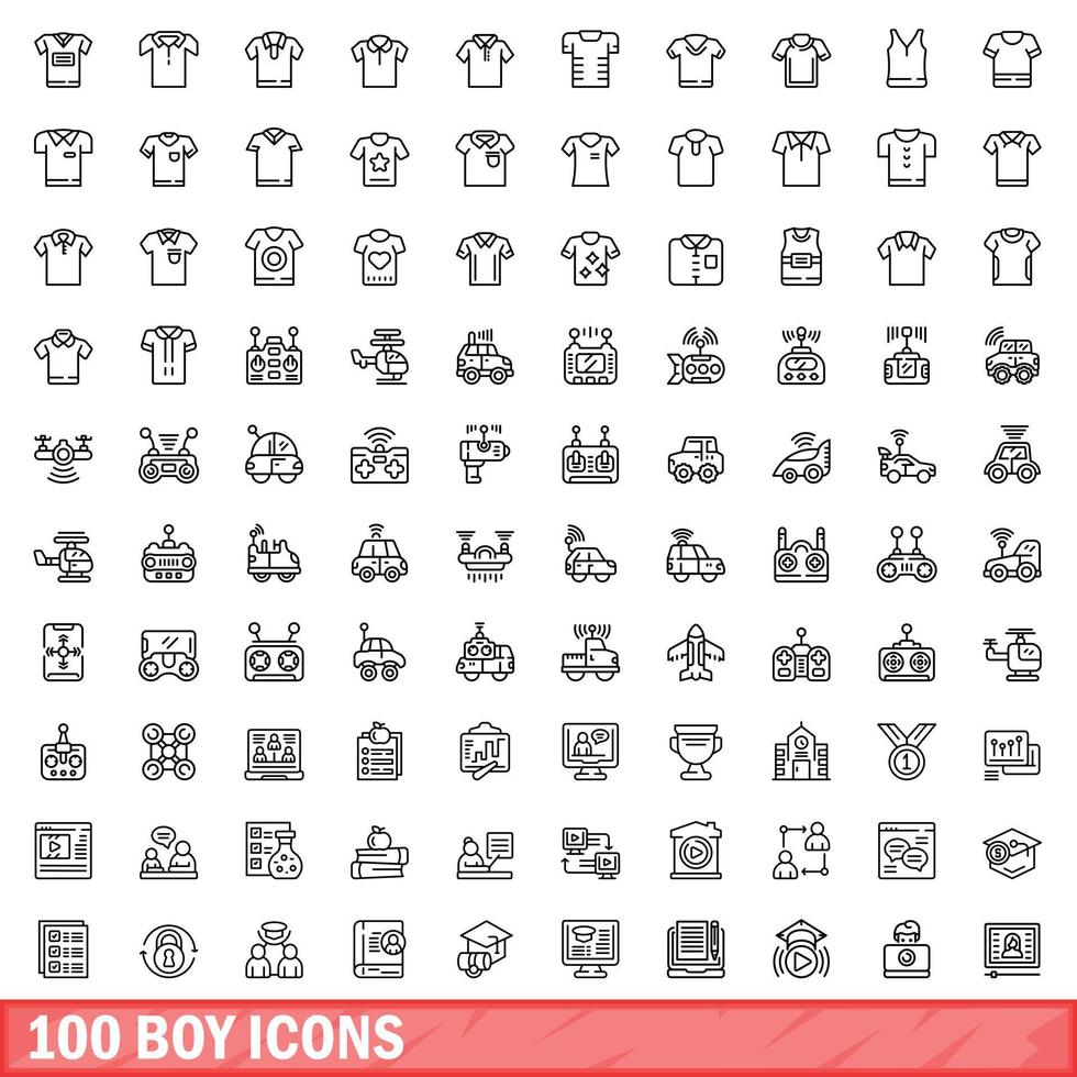 100 boy icons set, outline style vector