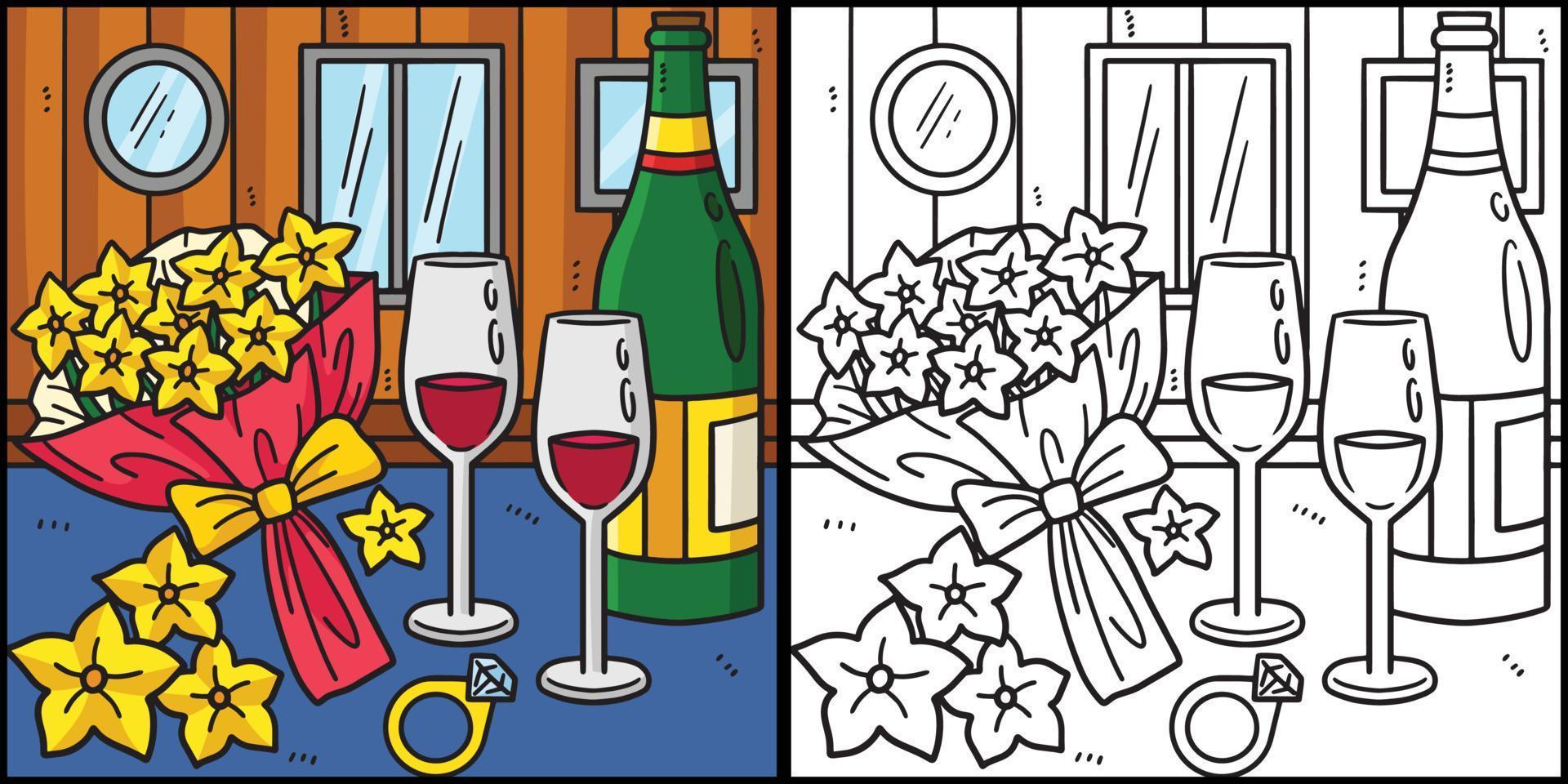 Boda vaso de vino, anillo flores ilustración vector