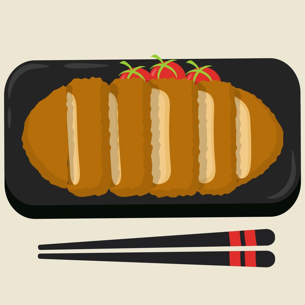 aislado diseño ilustración de pollo katsu en un negro plato con tomate y palillo vector