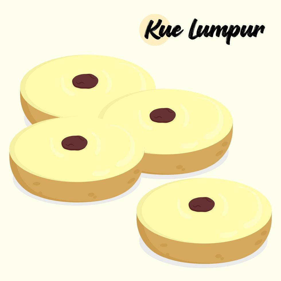 plano diseño ilustración de indonesio tradicional comida kue lumpur medio barro pastel con pasa vector