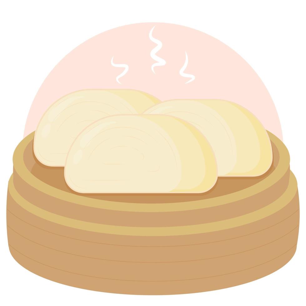 Flat vector design illustration of chinese food steam bun or mantou on a bamboo steamer for menu or food campaign