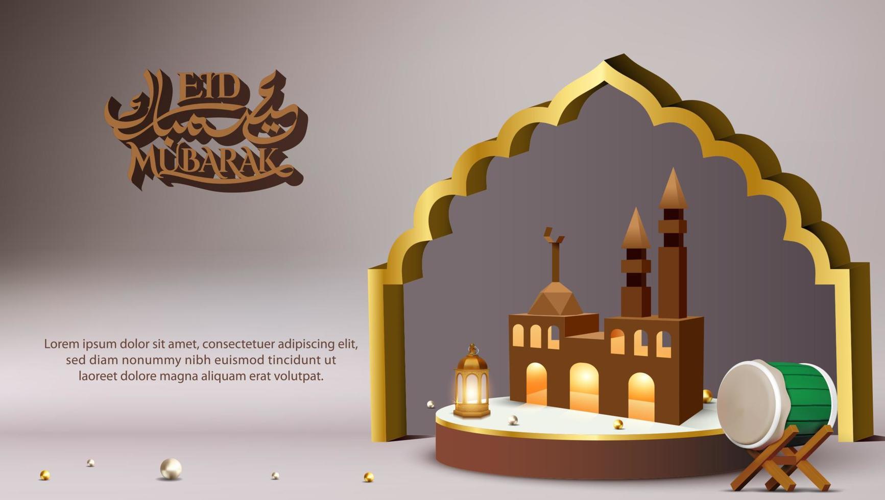 3d modern Islamic holiday banner template with cardboard mosque concept vector