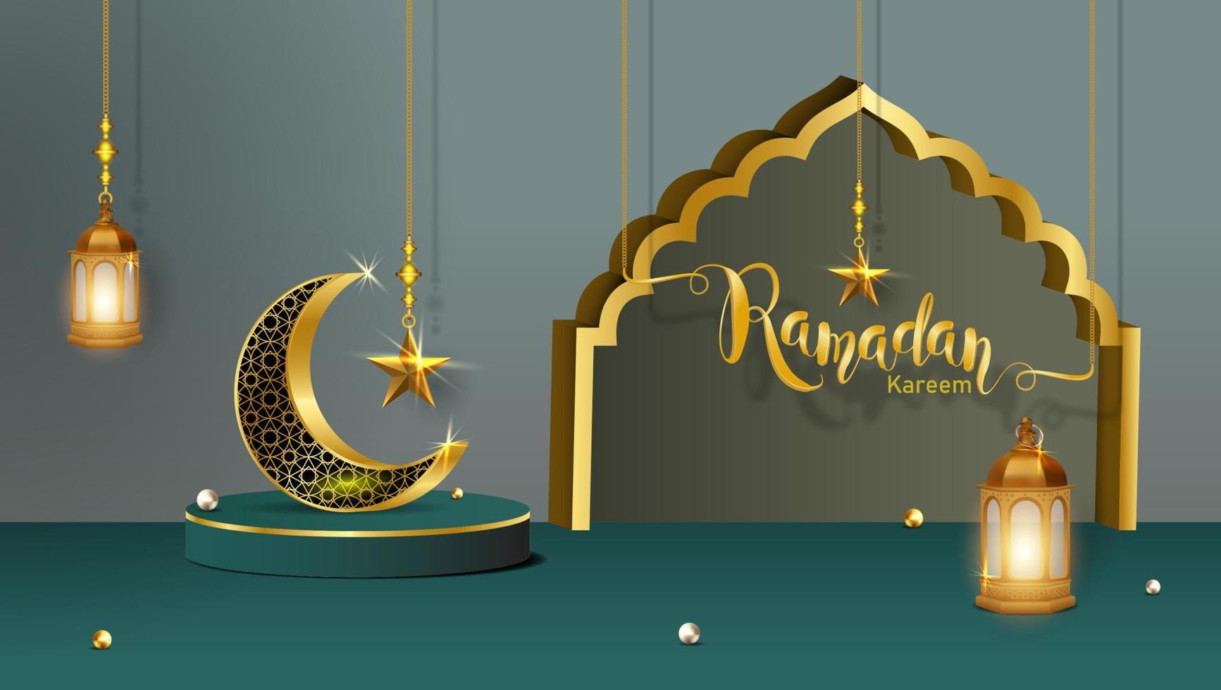 3d modern islamic holiday banner. Display podium with ramadan lantern, metal moon and mosque portal vector