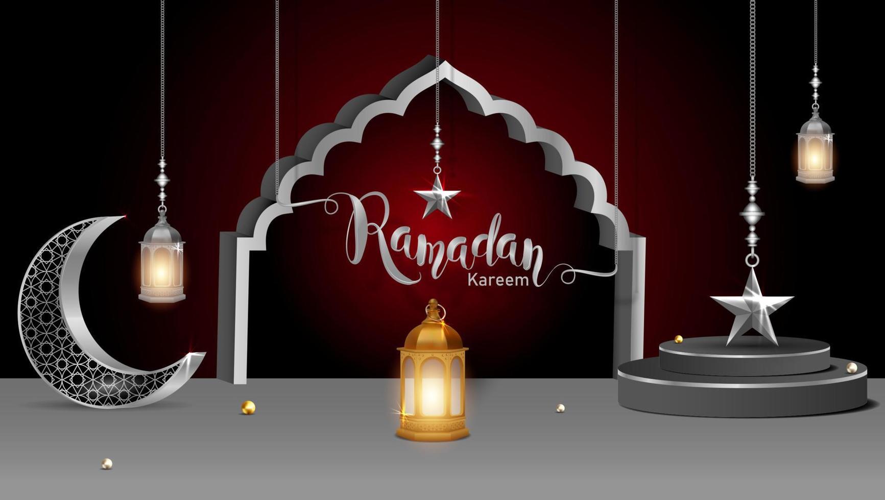 3d modern islamic holiday banner. Display podium with ramadan lantern, metal moon and mosque portal vector