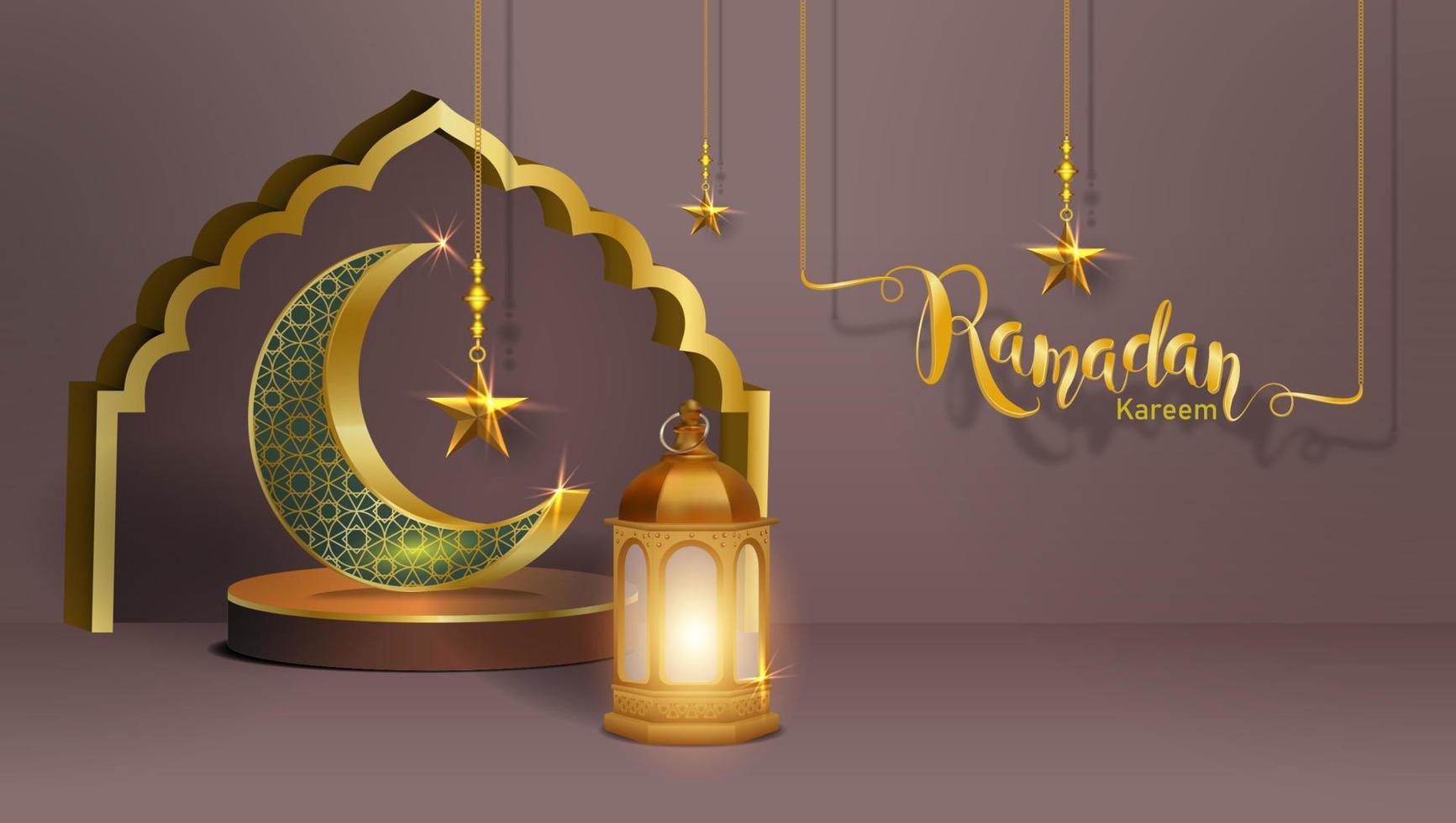 3d modern islamic holiday banner. Display podium with ramadan lantern, metal moon and mosque portal vector