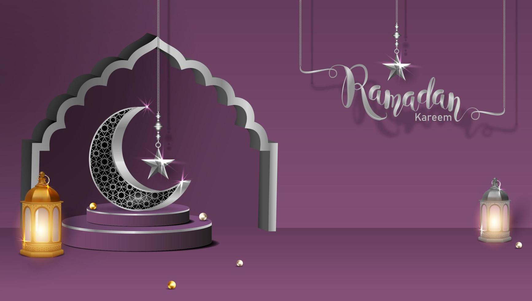 3d modern islamic holiday banner. Display podium with ramadan lantern, metal moon and mosque portal vector