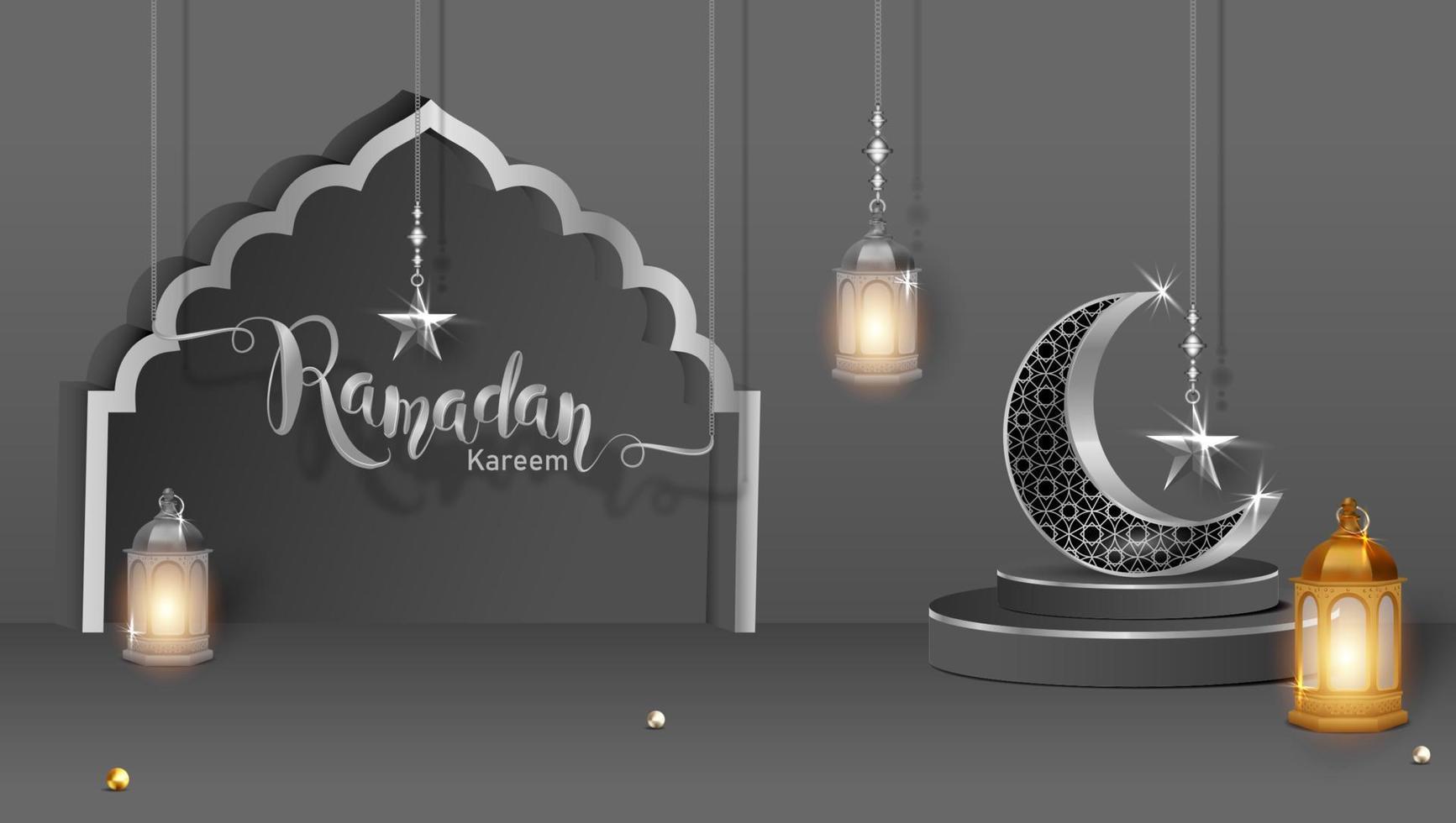 3d modern islamic holiday banner. Display podium with ramadan lantern, metal moon and mosque portal vector