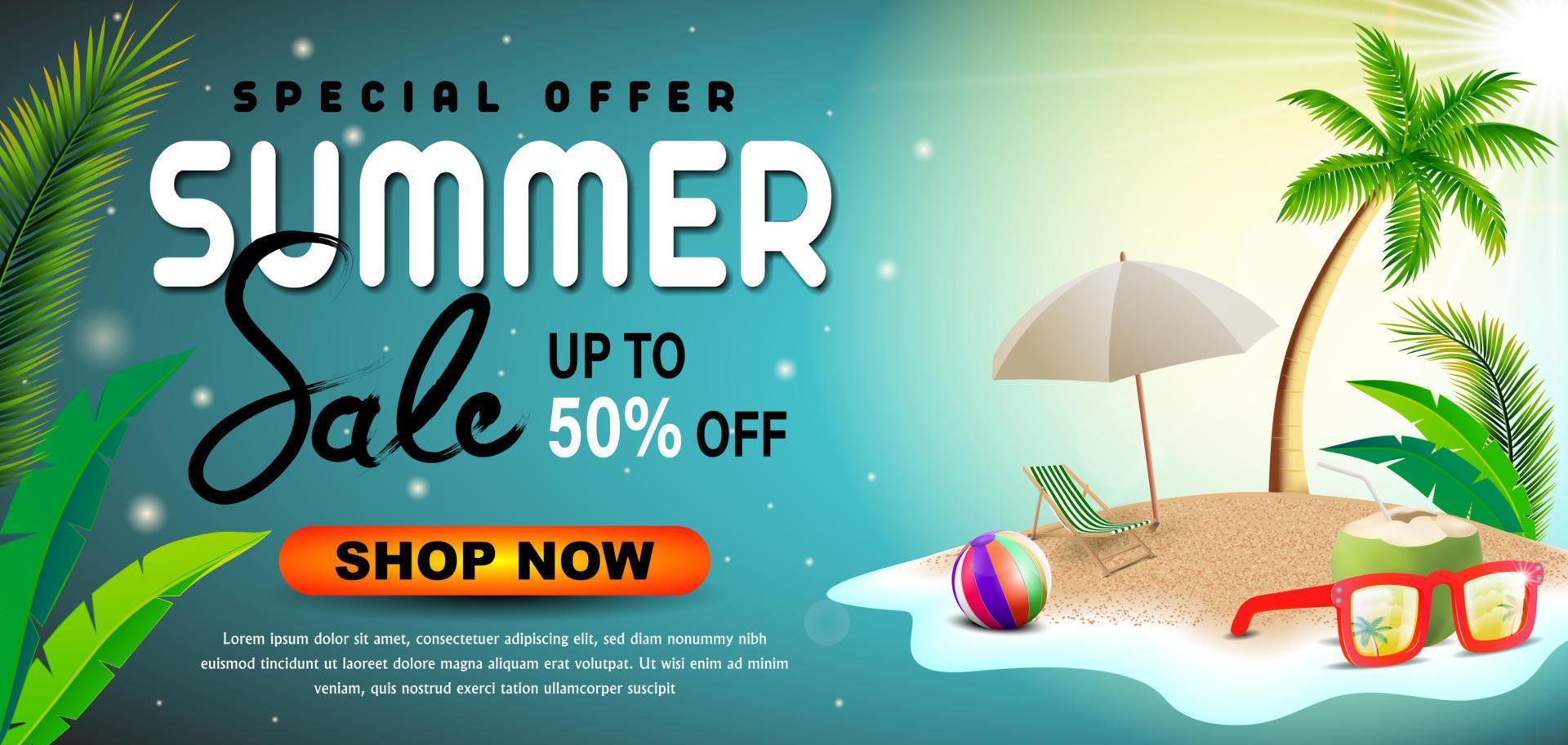 Summer sale with sunglasses and beach ball on tropical island vector