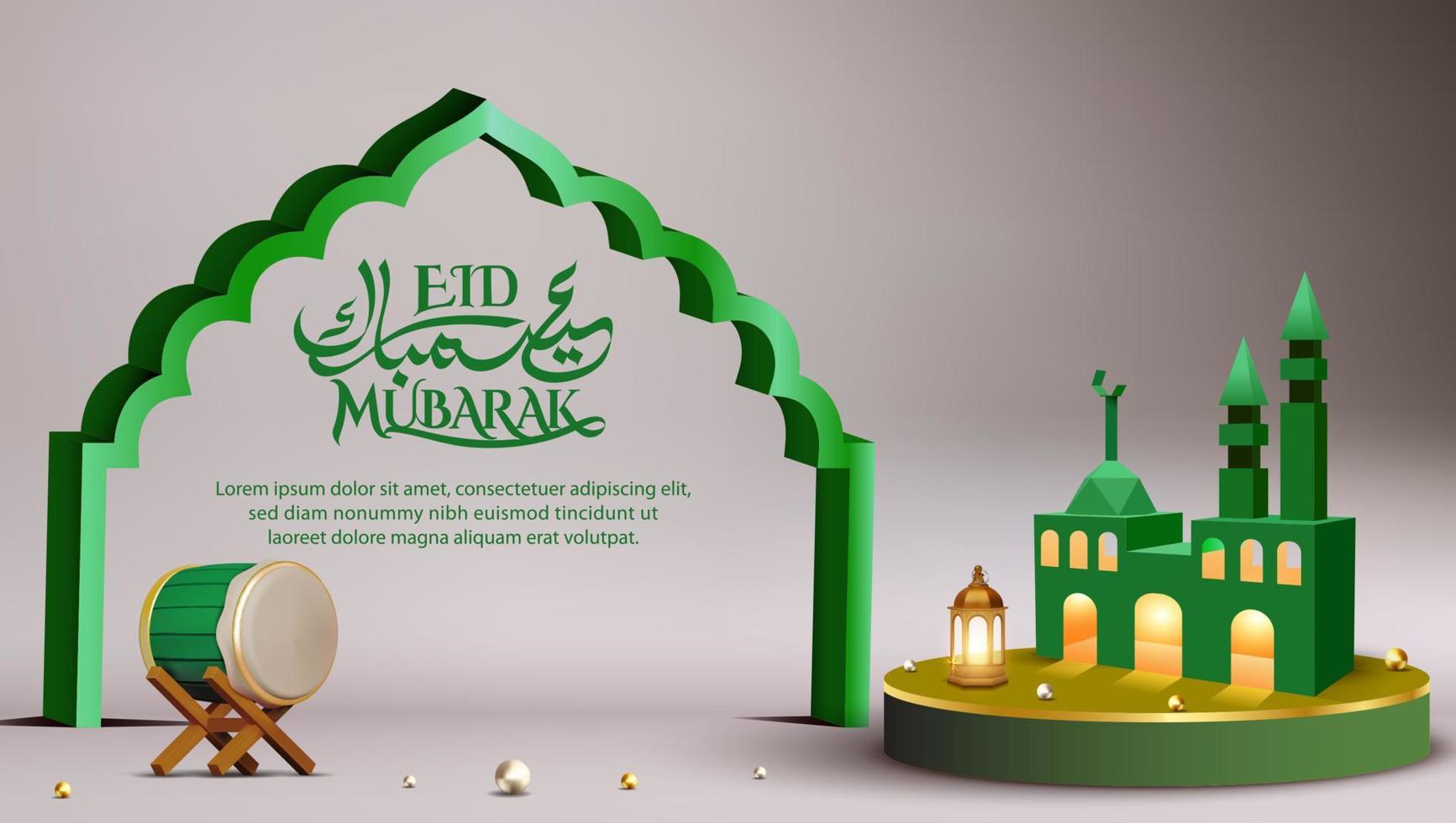 3d modern Islamic holiday banner template with cardboard mosque concept vector