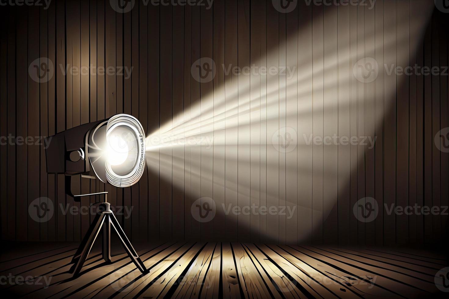 Floodlight spotlight illuminates wooden scene. Vector illustartion photo