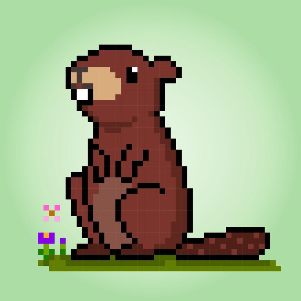 8-bit Pixel beaver. Animal for game assets in vector illustration.