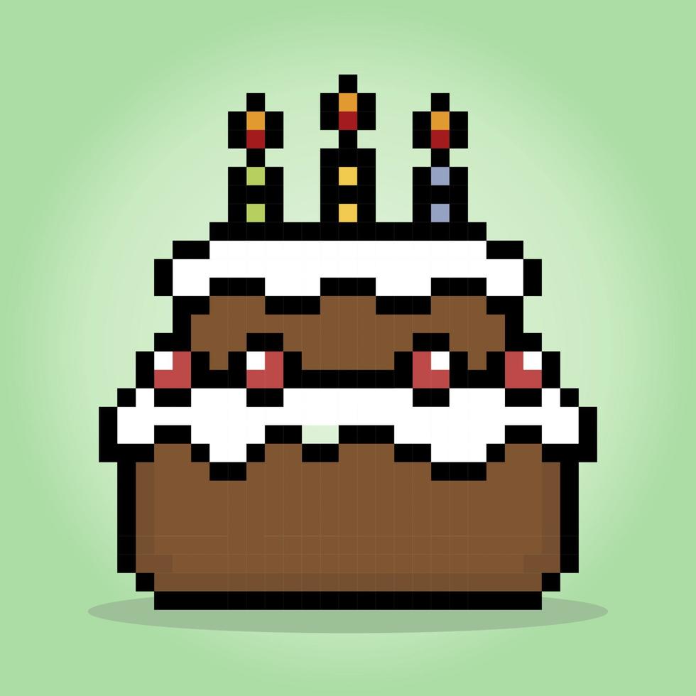 Pastel de cumpleaños de 8 bits de píxeles. alimento para los activos del juego en la ilustración vectorial. vector