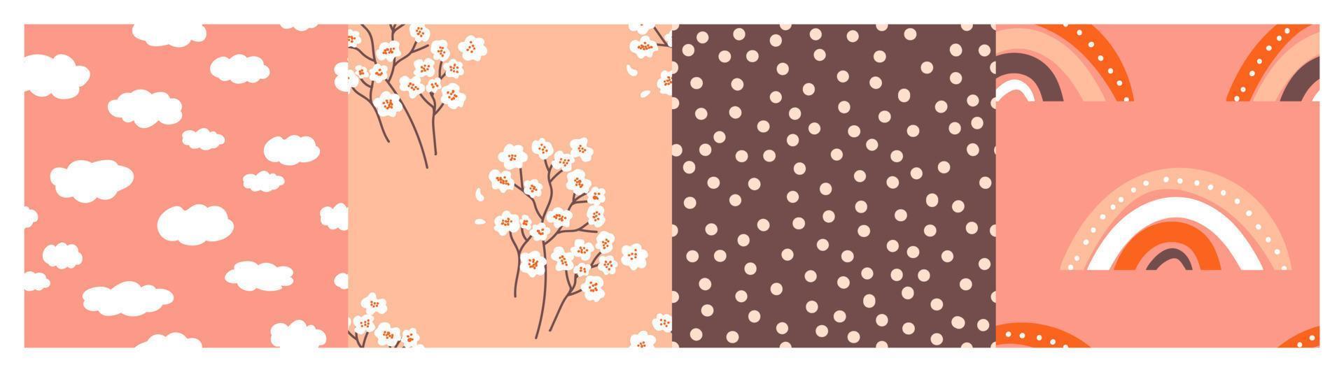 Clouds and rainbow. Cherry blossom. Dots pattern. Pink patterns set.  Vector background. Baby print. Perfect for printing on the fabric, design package and cover