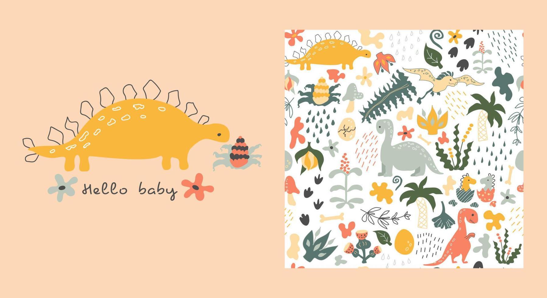 Dino pattern. Hello baby card. Vector background. Seamless pattern with dinosaurs, prehistoric plants, spots, traces,  raindrops and eggs. Baby print