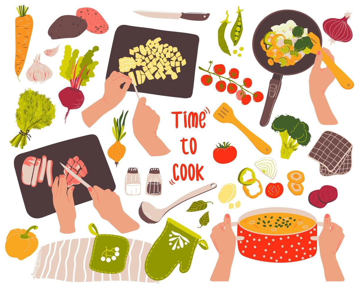 Cooking soup. A set with cooking stages, vegetables, dishes and ingredients. Women's hands. Vector illustration