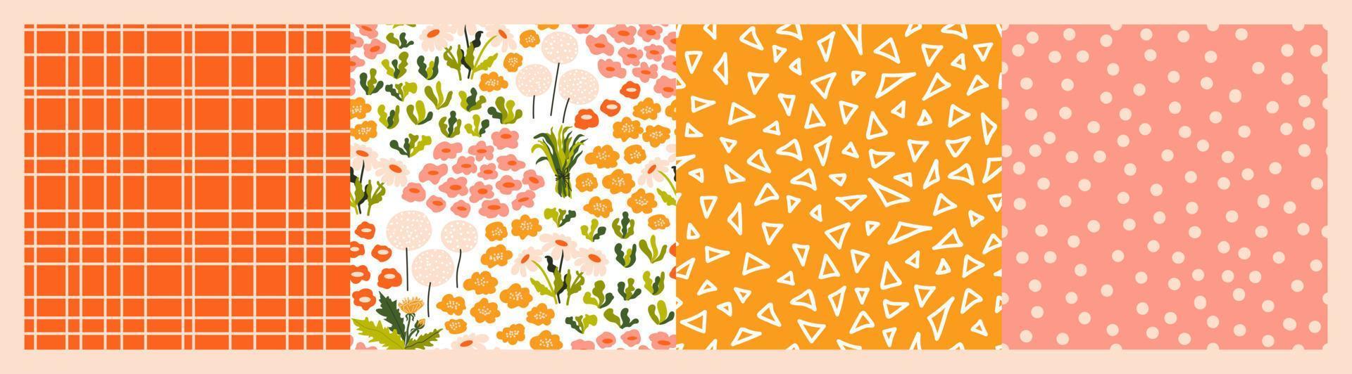 Set of patterns. Abstract flowers, chamomiles, herbs. Grid, dots, triangle pattern. Vector background. Perfect for printing on the fabric, design package and cover