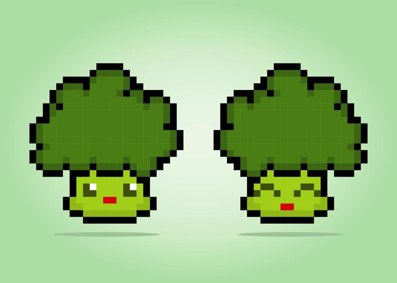 8 bit pixel broccoli characters. Vegetable game assets in vector illustrations.