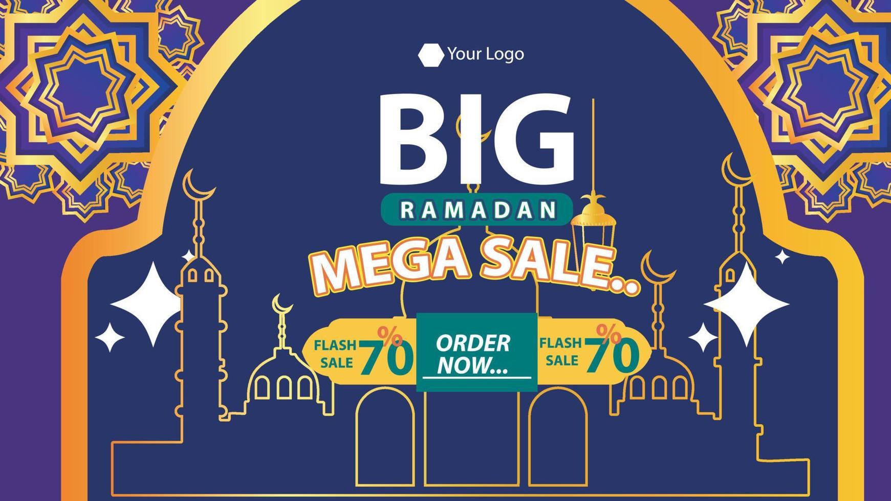 Ramadan Kareem Mega Sale Banner, Islamic Ornament Lantern, Decoration gold and modern Background with empty space for photo vector