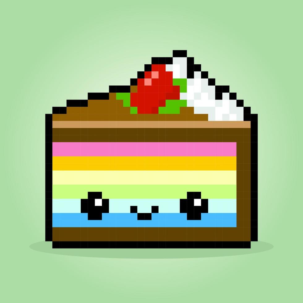 Pixel 8 bit A piece of rainbow cake. Birthday cake in vector illustration for game assets and cross stitch pattern.