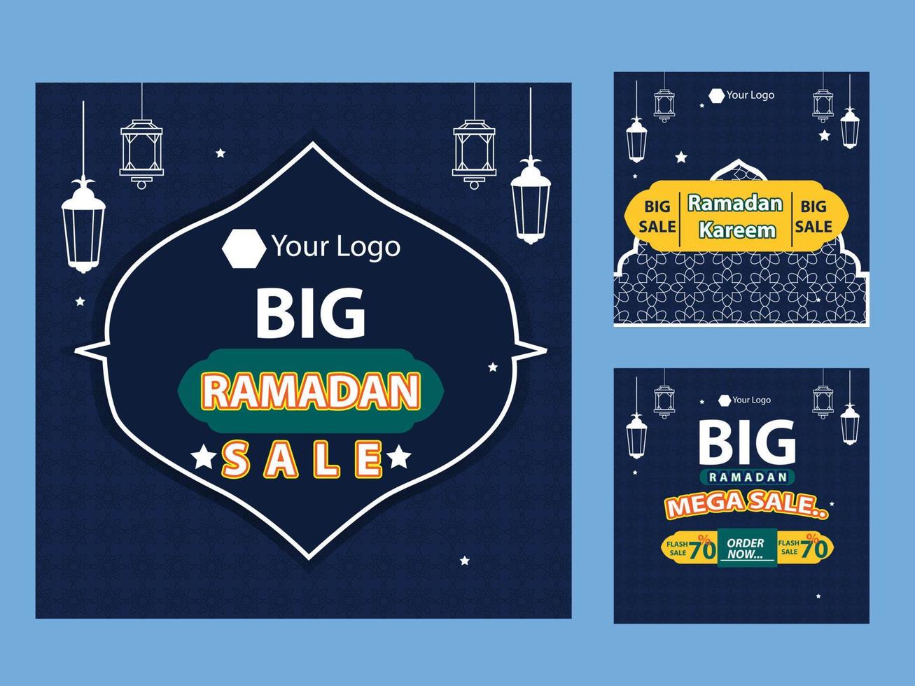 Set of Square social media post, poster, stories template Mega sale promotion with modern lantern gold design. Iftar mean is Ramadan. social media template with Modern Islamic background Design vector
