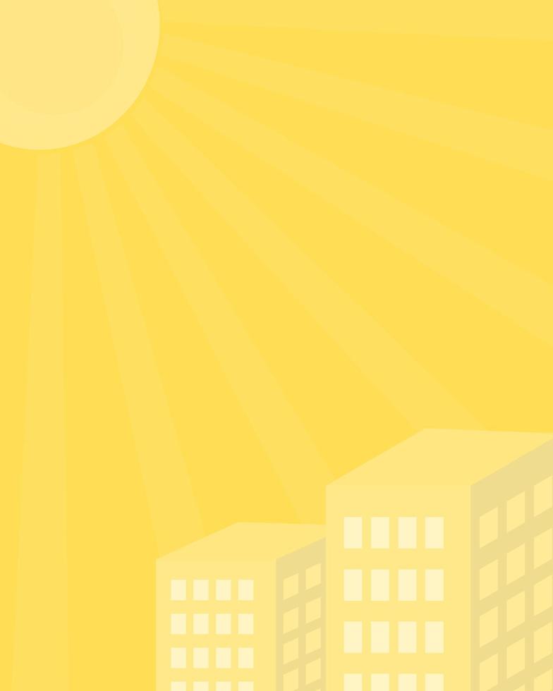 Vector city silhouette illustration yellow sky and sunlight. sun ray summer decoration.