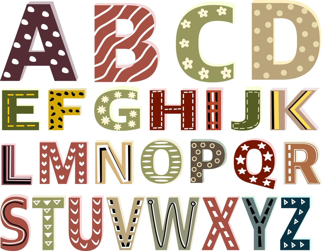 Cute fonts English alphabet decorated with dots , geometry, lines and  scribbles. Capital letter vector illustration. Kids font colorful design.  3D fonts. 21814032 Vector Art at Vecteezy