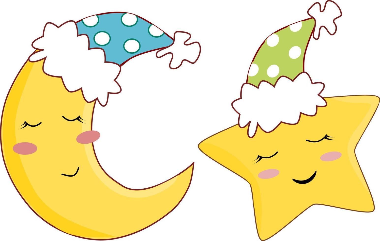 kawaii linda dormido Luna y estrella en gorro de dormir aislado en transparente antecedentes. creciente en blanco polca punto azul sombrero vector ilustración. dulce sueño símbolo.