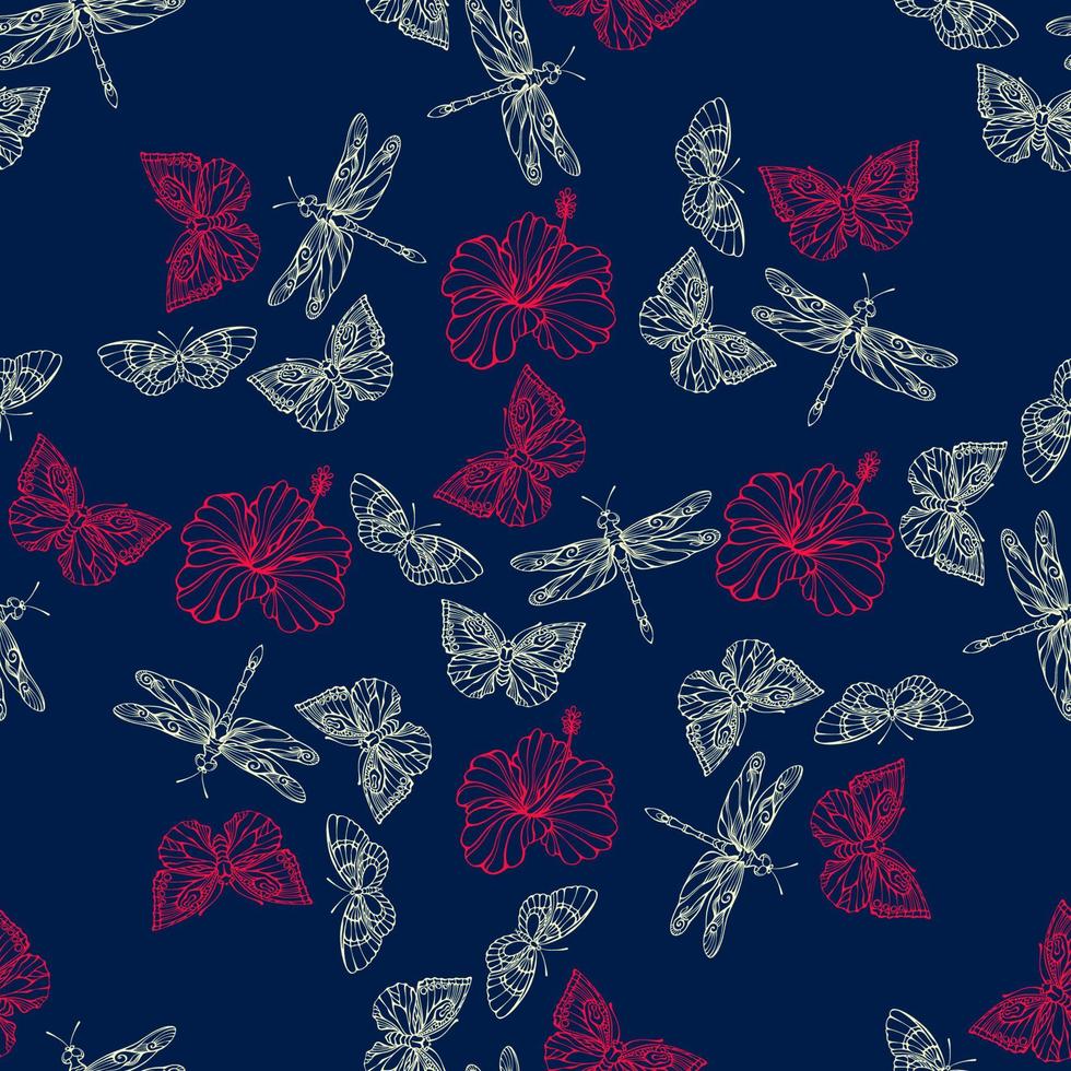 Dragonflies and butterflies. Seamless pattern. Outline insects.  Hand-drawn vector illustration.