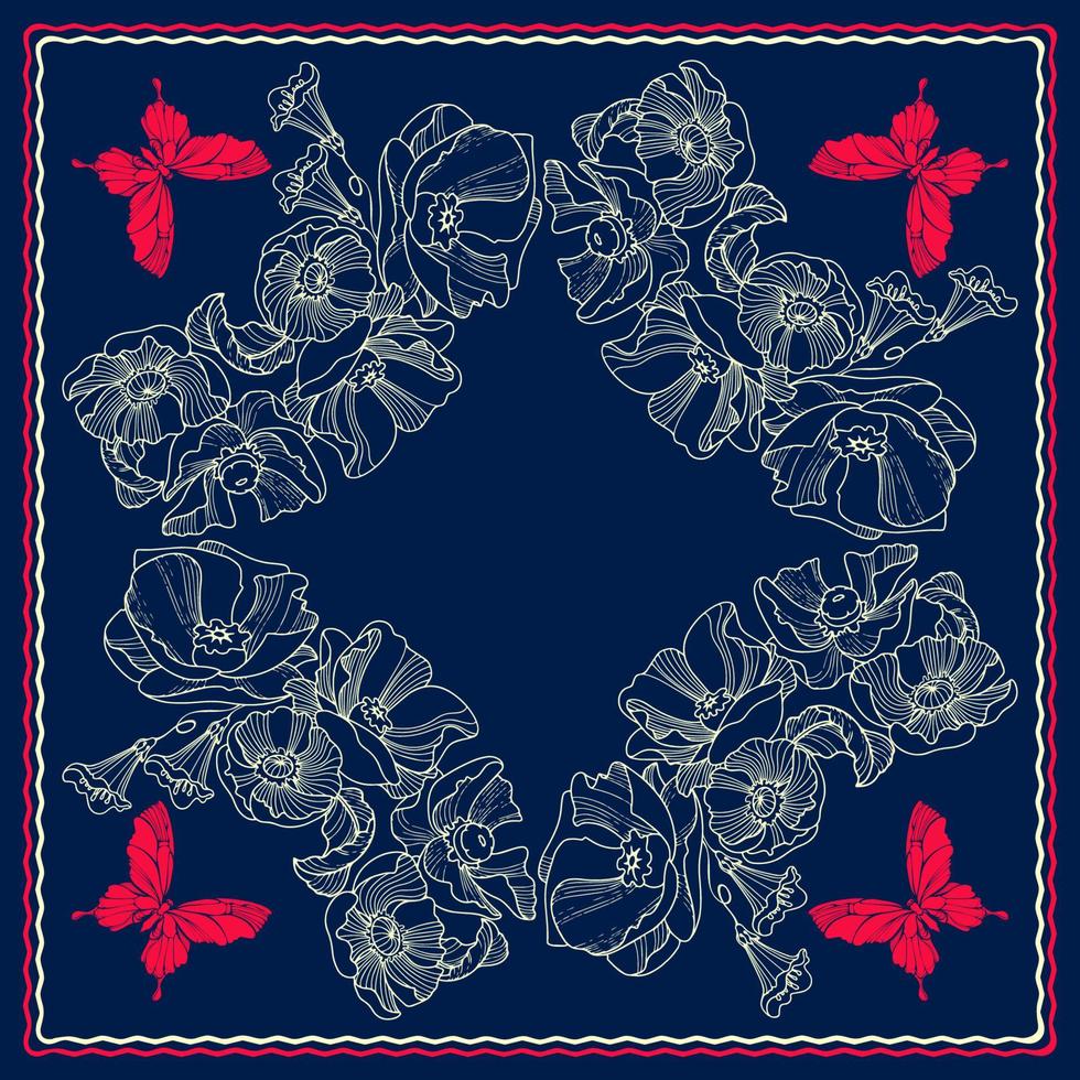 Square pattern with butterflies and poppies. Scarf pattern. Bandana. Vector. vector