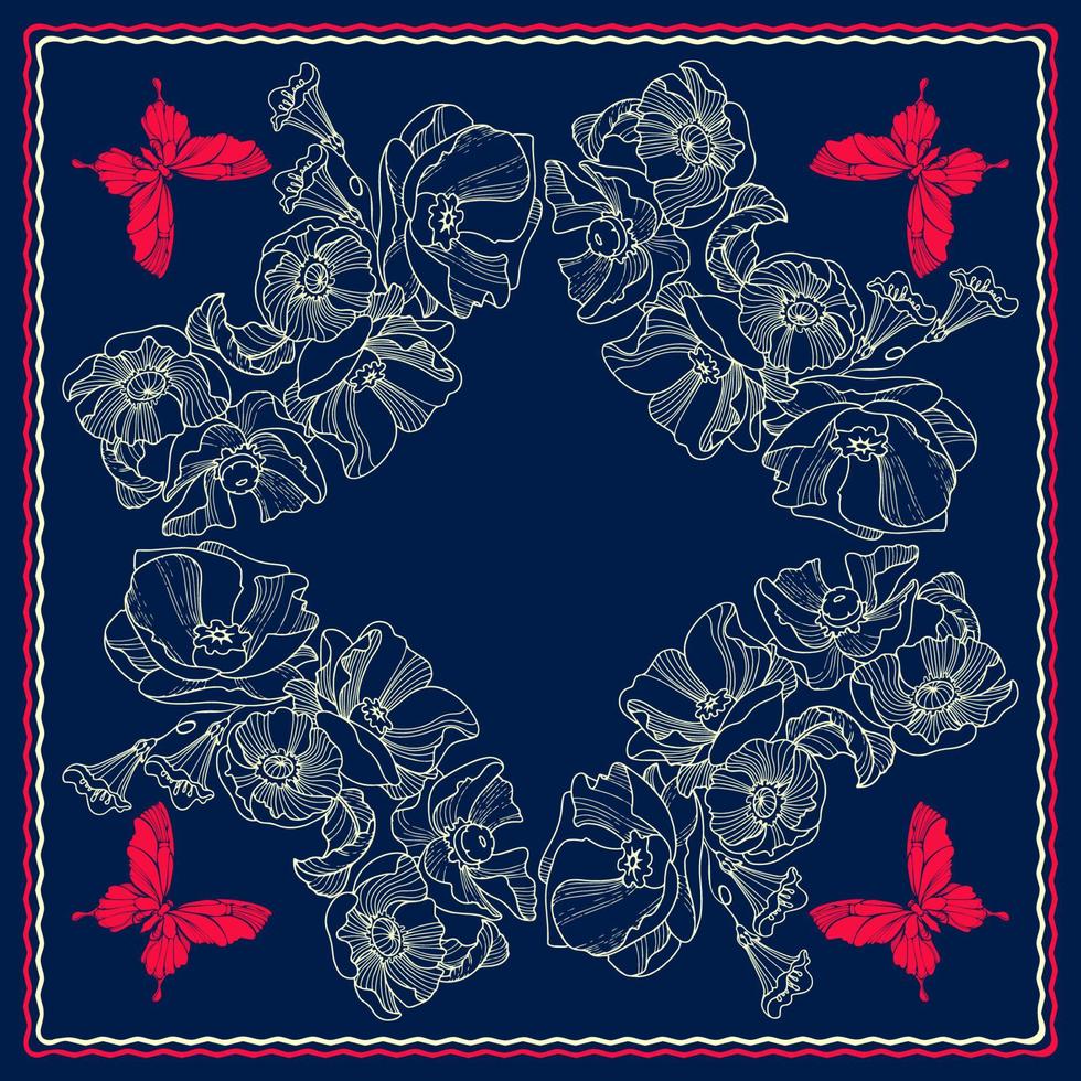 Square pattern with butterflies and poppies. Scarf pattern. Bandana. Vector. vector